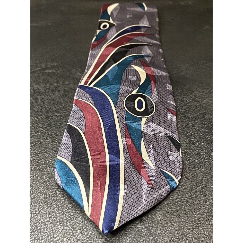 Screenplay Silk Tie by Martin Wong 58"L Art Deco Black/Green/Gray Art Abstract